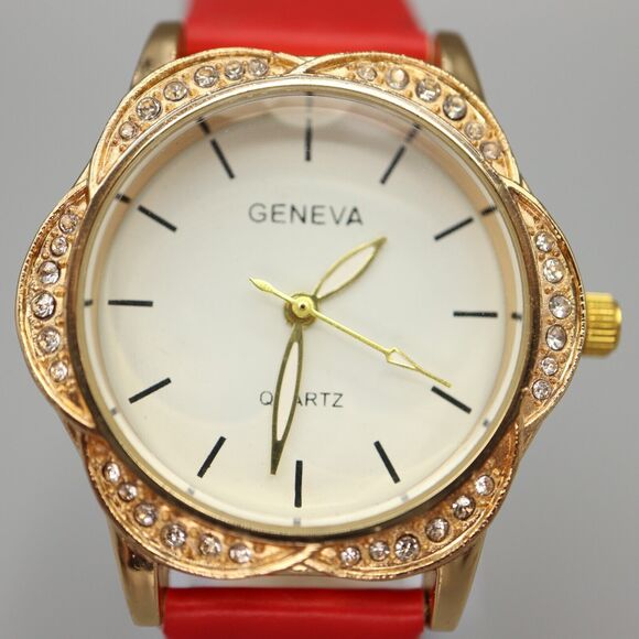 Geneva Ladies Gold Tone Flower Watch Jewel Bezel Red Faux Leather w New Battery - Picture 3 of 10